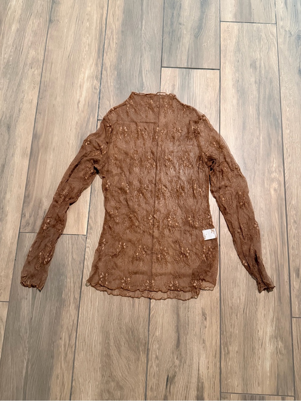 Women’s Brown Sheer Lace Long-Sleeve Top